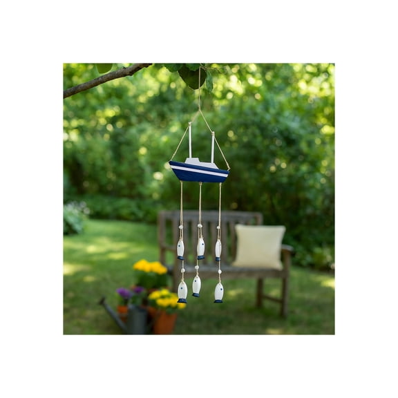 Coastal Sailboat Garden Decor - Wind Chimes for Outside Patio and Porch Decor with Hanging Fish Chime - Outdoor Hanging Decor Windchimes with Small Bell for Yard and Garden Accent, 39", Blue