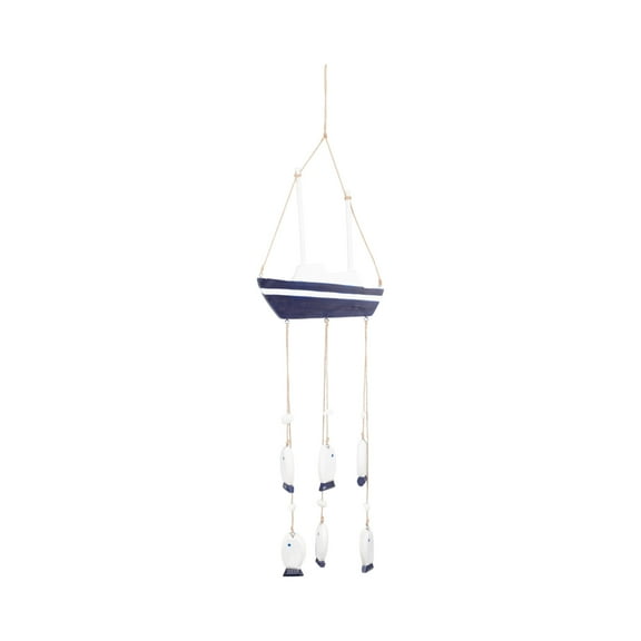 Sagebrook Home's Coastal Wooden 39-Inch Sailboat Featuring Hanging Fish in Wood and Jute. - 10" x 1" x 39.5"