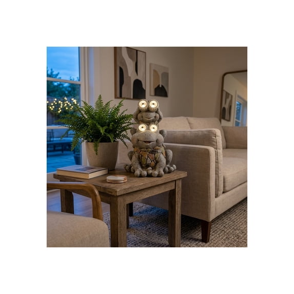 Frogs Piggy Back Ride with Solar Eyes Statue for Garden Decor - Stone Like Figurine for Front Porch, Outdoor Garden, Patio, and Yard Decor - Sculptural Yard Art for Entryway - 14", Gray & Yellow