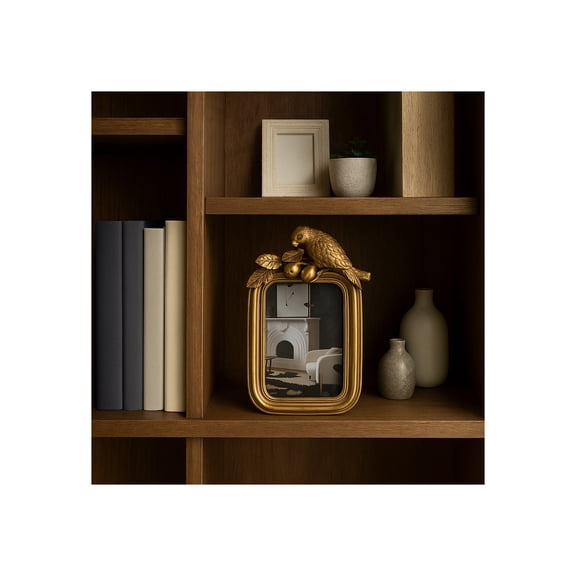 Decorative Resin Picture Frame with Perched Bird Accent - Vintage Inspired Photo Frame for Entryway Tabletop, Mantel, or Living Room Decor - Stylish Bedroom Decor or Office Accent - 9", Gold