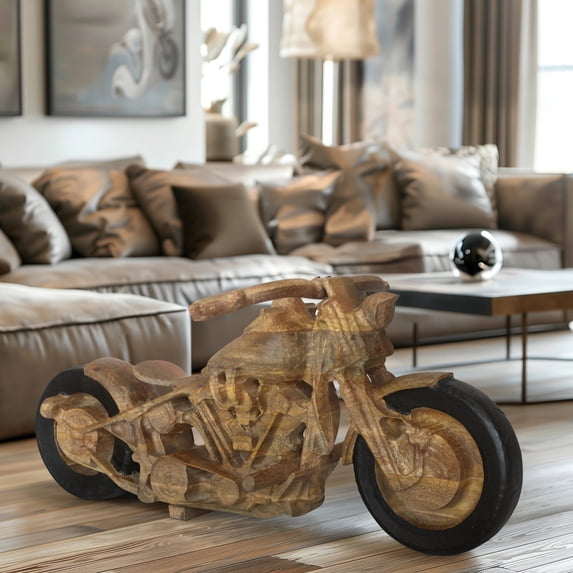 Sagebrook Home's Magnificent Mango Wood 35" Big Bike Sculpture in Lush Brown, Ideal for Aesthetic Home Decor