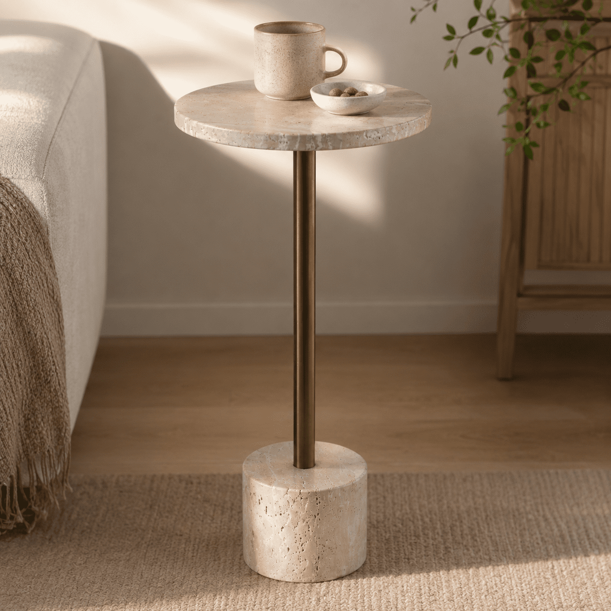 Travertine Accent Table for Home Decor - Modern Side End Table for Living Room - Decorative Drink Table for Bedroom and Office Spaces - 26", Gold