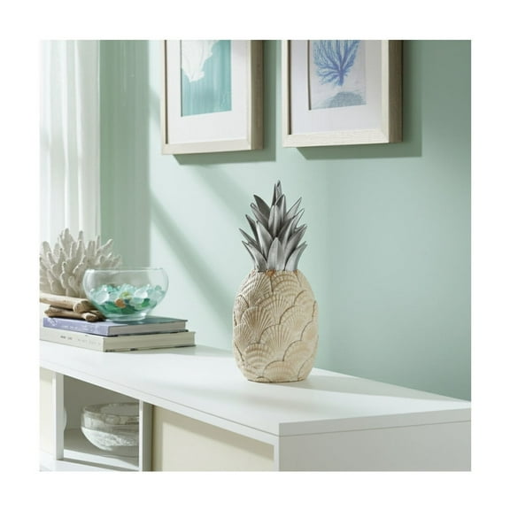 Decorative Pineapple Object Resin and Polyresin Seashell Detail with Metallic Top Coastal Style for Home Office Bedroom or Living Room Shelf or Tabletop Display - 12" Ivory & Green