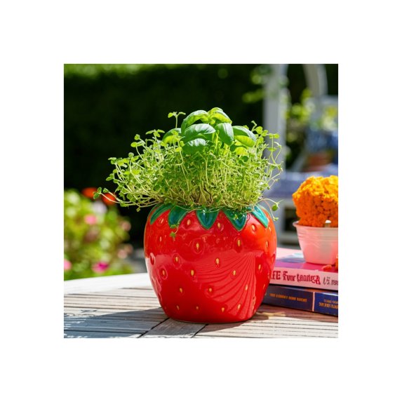 Strawberry-Shaped Flower Pot for Home Decor - Decorative Ceramic Planter for Outdoor, Indoor Plants, and Garden Display - Stoneware Planter for Patio, Entryway, Shelf, and Balcony - 6", Red & Green