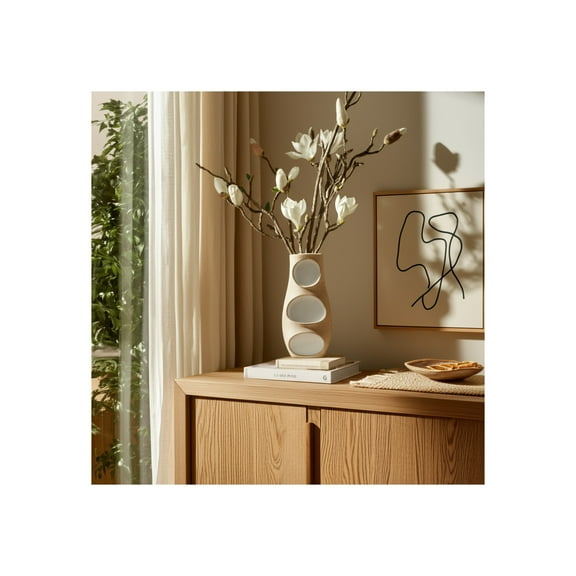 Vase Pottery and Suar Wood Sculptural Modern Design Speckled Decorative Use for Home Office Living Room or Bedroom - 19" Ivory & Tan