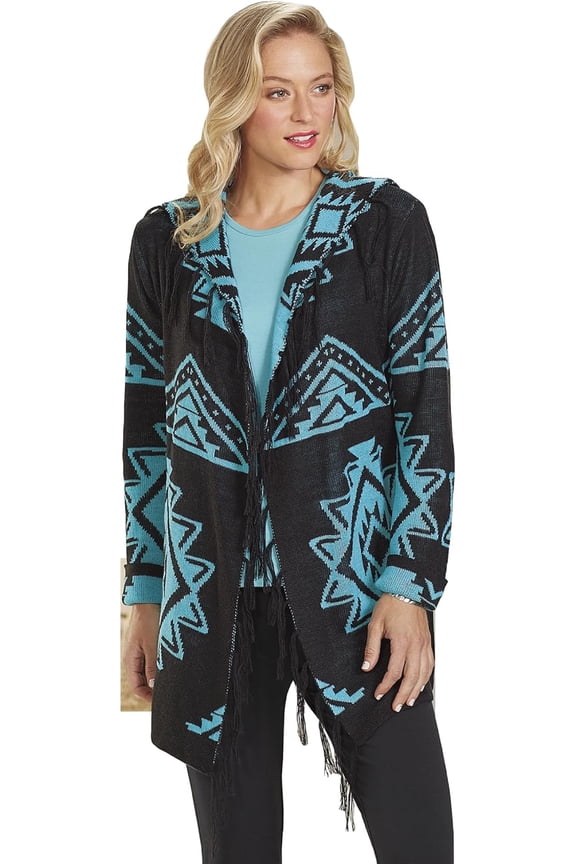 Coronado Fringed Cardigan - Tribal Aztec Southwestern Print - Long Sleeve Cardigan - 2X