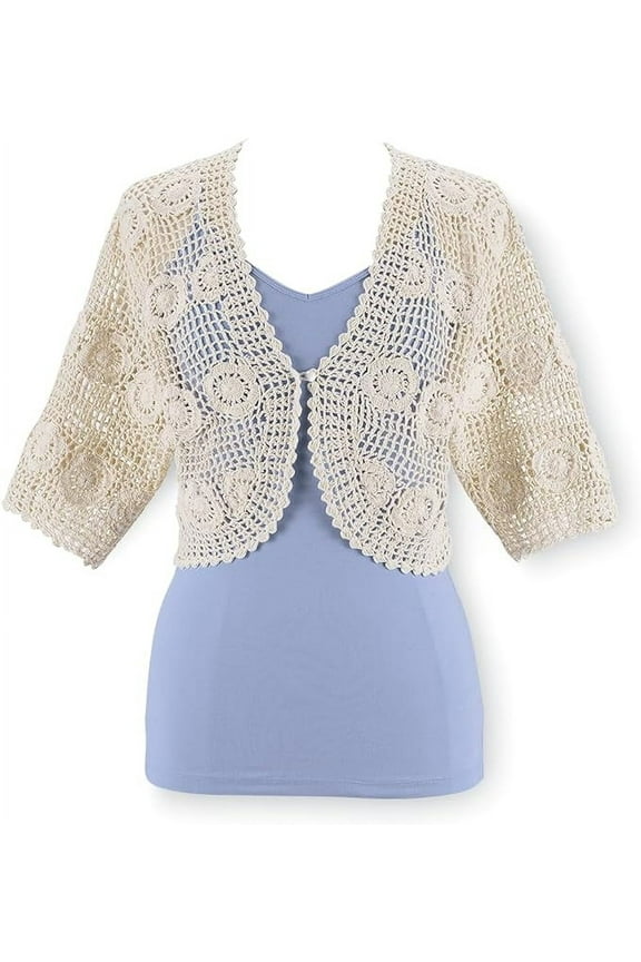 Crocheted Women’s Shrug Cropped Sweater, Elbow-Length Sleeves Bolero Cardigan Button Front - 2X