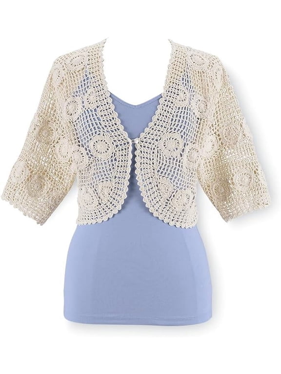 Crocheted Women’s Shrug Cropped Sweater, Elbow-Length Sleeves Bolero Cardigan Button Front - Long