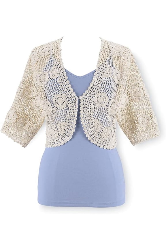 Crocheted Women’s Shrug Cropped Sweater, Elbow-Length Sleeves Bolero Cardigan Button Front - X-Long