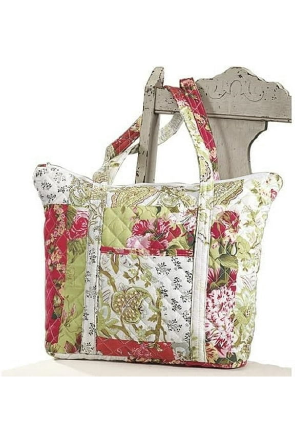 Floral Tote Bag, Patchwork Quilted Shoulder Purse for Women, Top Zip Closure with Pocket
