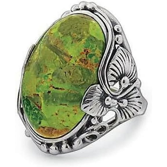 Sagefinds Genuine Green Turquoise and Antiqued Southwestern Style Sterling Silver Ring for Women - Size 10