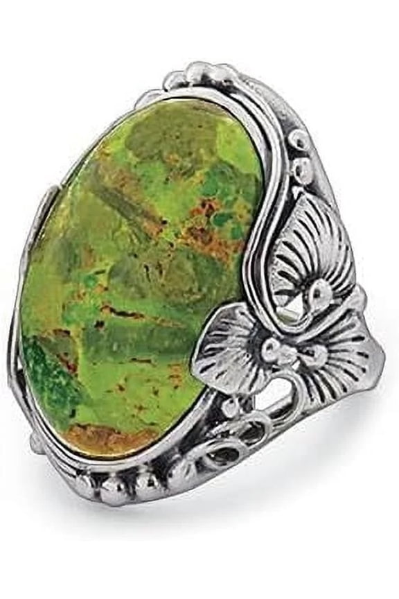 Genuine Green Turquoise and Antiqued Southwestern Style Sterling Silver Ring for Women - Size 7