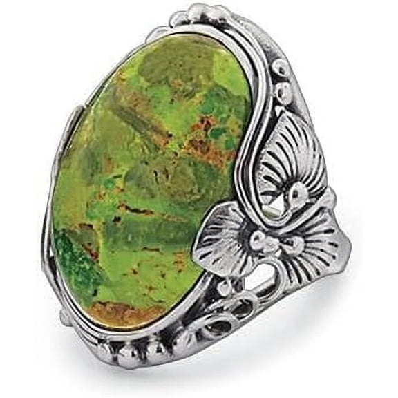 Sagefinds Genuine Green Turquoise and Antiqued Southwestern Style Sterling Silver Ring for Women - Size 9