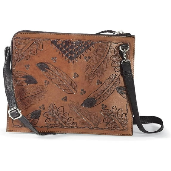Sagefinds Genuine Leather Crossbody Bag for Women - Designer Feather - Floral Tooled Purse -7"x9"