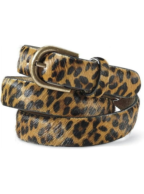 Sagefinds Leopard Print Leather Belt for Women, Fashion Waist Belt for Dresses, Brass Buckle 1” Wide