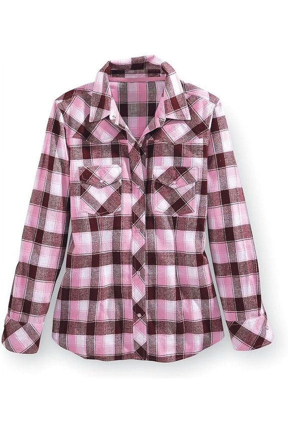 Pink Chocolate Flannel Women Shirt, Western Plaid Top, Snap Buttons, Long Sleeves - Medium