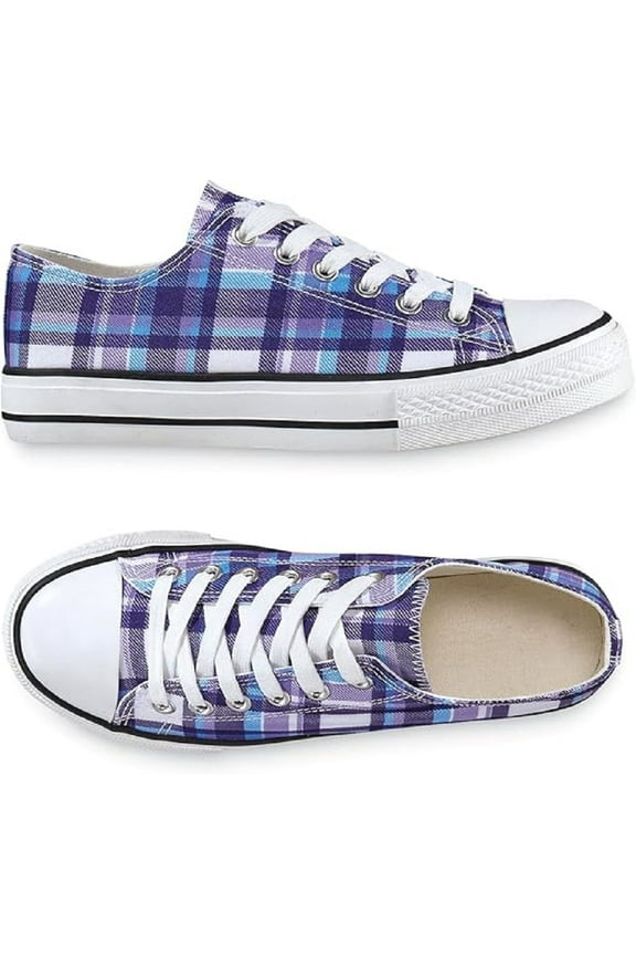 Purple Plaid Sneakers Lace-Up Style, Rubber Toe, and Nonskid Sole - Checkered Shoes - 9