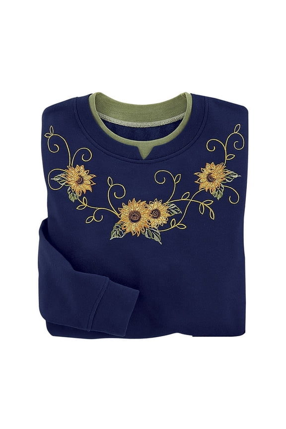 Sunflower Swirl Sweatshirt, Women’s Long Sleeve Pullover, Embroidered Flowers Top - 3X