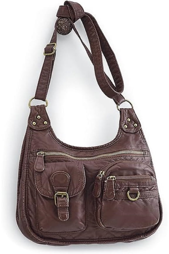 Washed Faux Leather Crossbody Shoulder Bag, Adjustable Shoulder Strap Handbag - 12"x9"