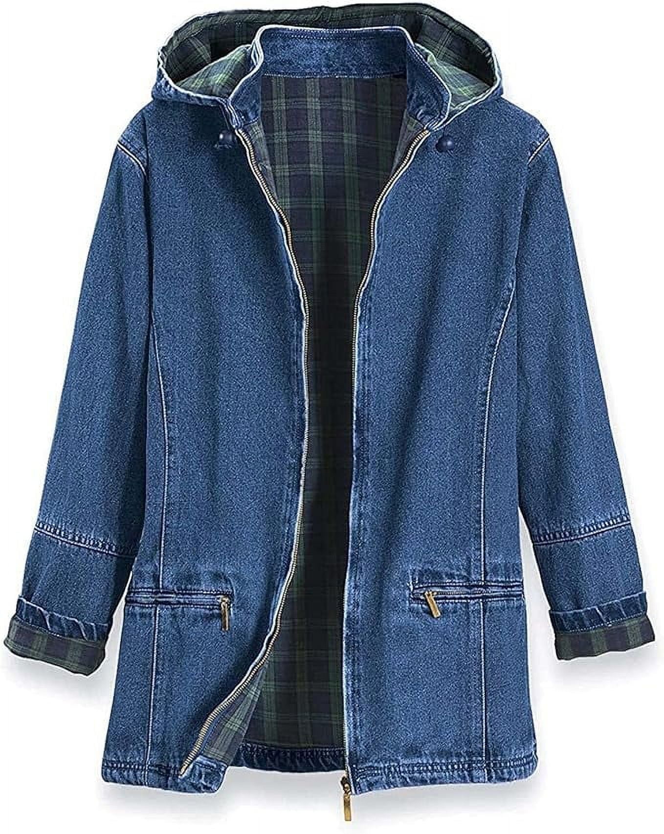 Sagefinds Women’s Flannel Lined Denim Jacket – Women Jeans Jacket | Detachable Hood | Zip Front-Side Pocket - X-Large