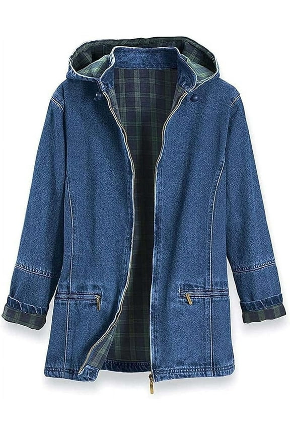 Women’s Flannel Lined Denim Jacket – Women Jeans Jacket | Detachable Hood | Zip Front-Side Pocket - X-Large