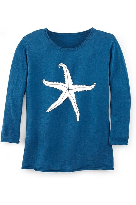 Womens Starfish Knit Pullover Sweater - Crewneck Long Sleeve Casual Sweaters Top - Medium