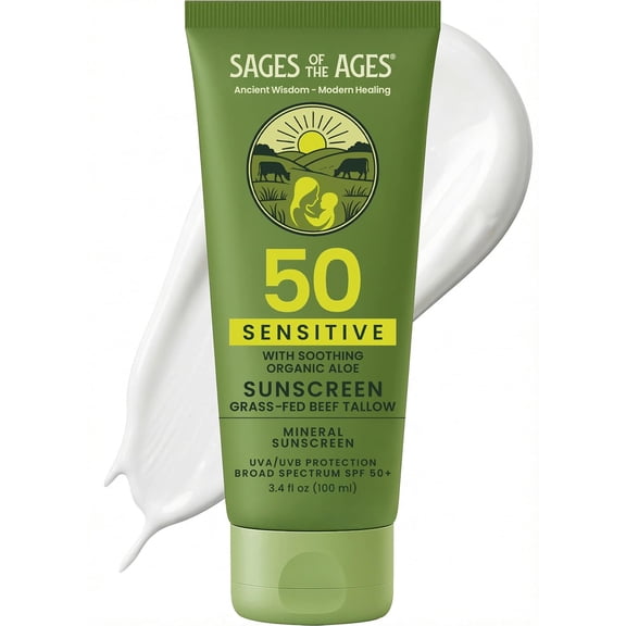 Sages Nutrition Sensitive Mineral Sunscreen SPF 50 with Non-Nano Zinc Oxide Reef Safe UVA/UVB Broad Spectrum Sunblock, Water Resistant 80 Min, Moisturizing Tallow Lotion for Face & Body, 3.4 fl oz