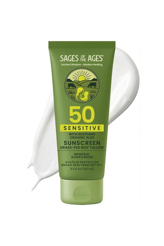 Sages Nutrition Sensitive Mineral Sunscreen SPF 50 with Non-Nano Zinc Oxide Reef Safe UVA/UVB Broad Spectrum Sunblock, Water Resistant 80 Min, Moisturizing Tallow Lotion for Face & Body, 3.4 fl oz
