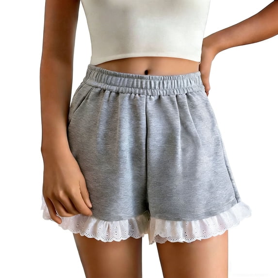 Sageysalite Athletic Shorts for Women Elastic High Waisted Ruffle Lace Hem Loose Fit Soft Sweet Summer Shorts
