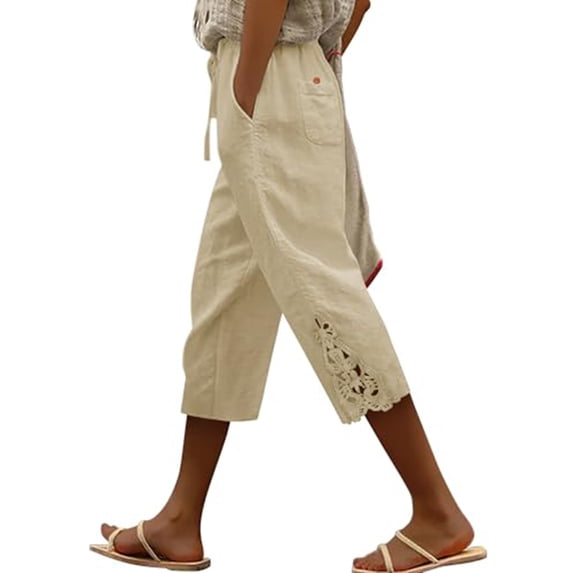 Sageysalite Capri Pants for Women Cotton Linen Drawstring Elastic Waist Casual Lightweight Wicking Cropped Pants with Pockets