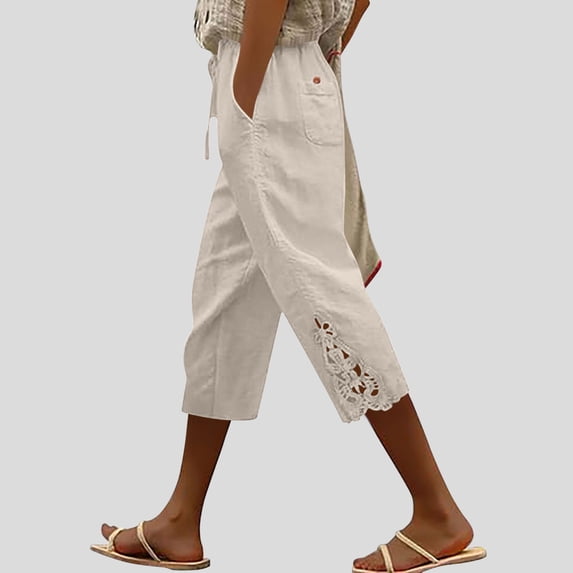 Sageysalite Capri Pants for Women Cotton Linen Drawstring Elastic Waist Casual Lightweight Wicking Cropped Pants with Pockets