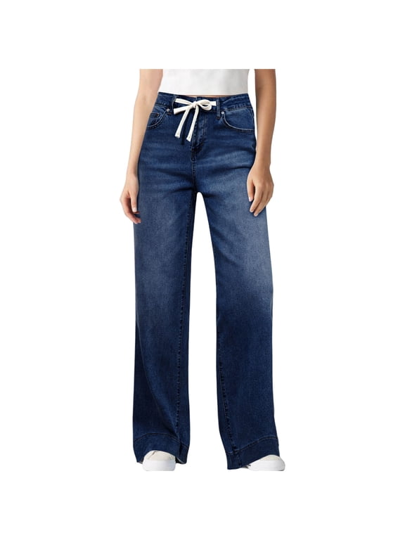 Jeans Pants for Women Denim Drawstring Elastic Waist Straight Leg Casual Streetwear Trousers with Pockets