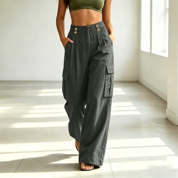 Sageysalite Womens Cargo Pants Cotton Linen Button Drawstring Elastic Waist Loose Casual Wide Leg Workout Pants with Multi Pockets