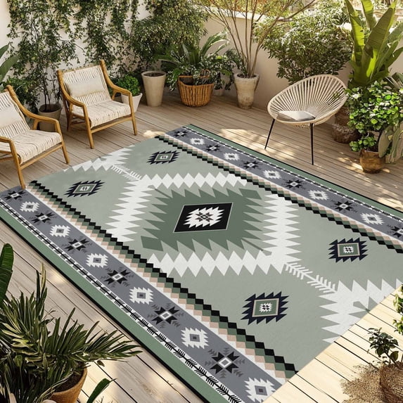 Sagge Green Boho Outdoor Rug 6x9 Ft - Reversible Patio Rug Outdoor Camping Rugs, Country Southwest Aztec Geometric Washable Indoor Outdoor Area Rugs, Non-Slip Outdoor Carpet Runner for Deck/Porch