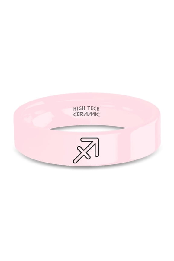 Sagittarius Archer Bow Arrow Engraved Pink Ceramic Ring, Polished, 6mm, Size 13.5