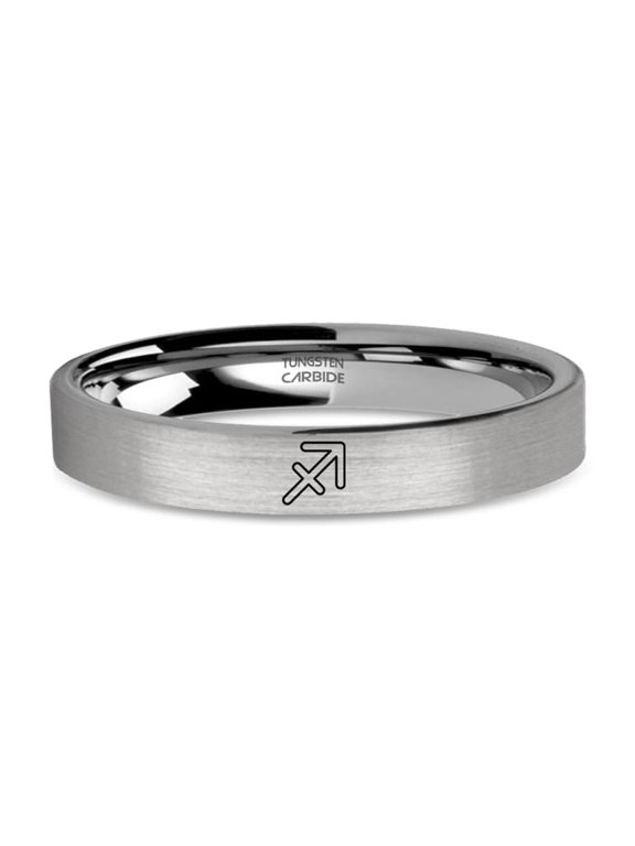 Sagittarius Archer Symbol Engraved Silver Tungsten Ring, Brushed, 4mm, Size 6.5