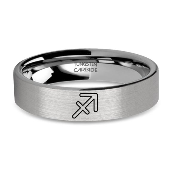 Sagittarius Archer Symbol Engraved Silver Tungsten Ring, Brushed, 6mm, Size 5.5