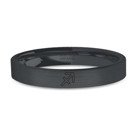 Sagittarius Bow Arrow Symbol Engraved Black Brushed Ceramic Ring, 4mm, Size 6