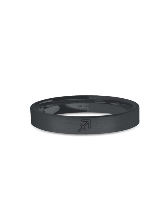 Sagittarius Bow Arrow Symbol Engraved Black Brushed Ceramic Ring, 4mm, Size 7
