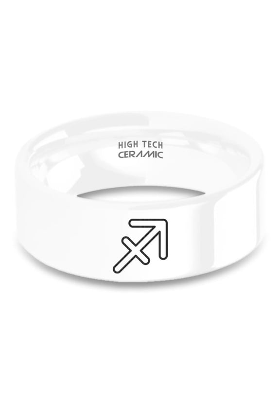 Sagittarius Bow Arrow Symbol Engraved White Ceramic Wedding Band, 8mm, Size 10.5