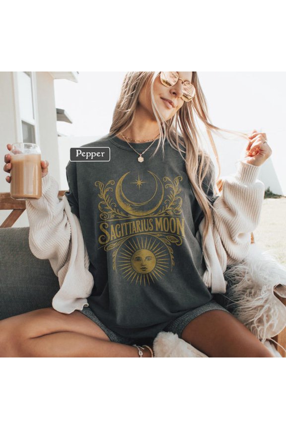 Sagittarius Moon Celestial Astrology Vintage Graphic Tee Zodiac Sign Sun And Crescent Moon Cosmic Mystic Starry Sky Shirt Comfort Colors Unisex Cotton T-Shirt, Sizes S-3XL