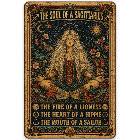 Sagittarius Soul Metal Sign 8x12 Inch - Rustic Zodiac Wall Decor Art for Home - Inspirational Quote Design with Hippie, Lioness, and Sailor Elements - Easy Hanging Indoor/Outdoor Use