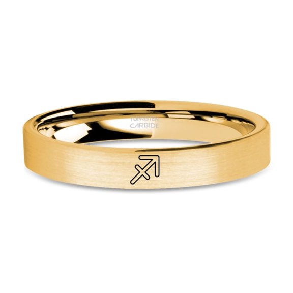 Sagittarius Symbol Engraved Yellow Gold Brushed Tungsten Ring, 4mm, Size 6