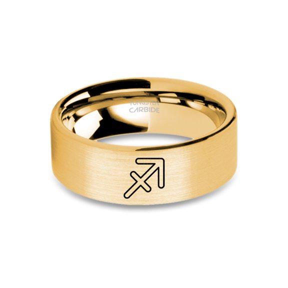 Sagittarius Symbol Engraved Yellow Gold Brushed Tungsten Ring, 8mm, Size 9