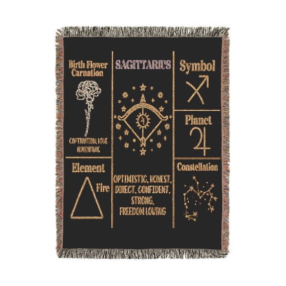 Sagittarius Zodiac Gold and Black Woven Blanket, 100% Cotton, Celestial Astrology Home Decor