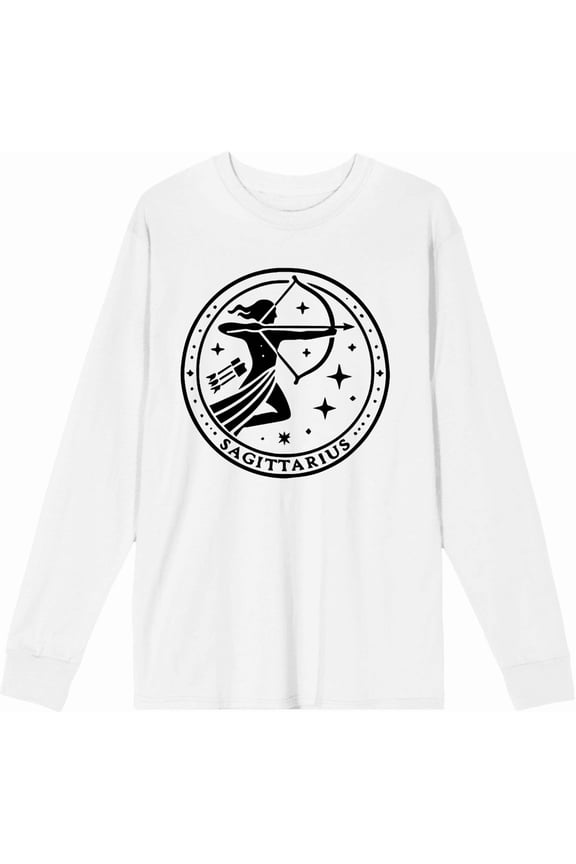 Sagittarius Zodiac Sign Adult White Crew Neck Long Sleeve Tee-Large