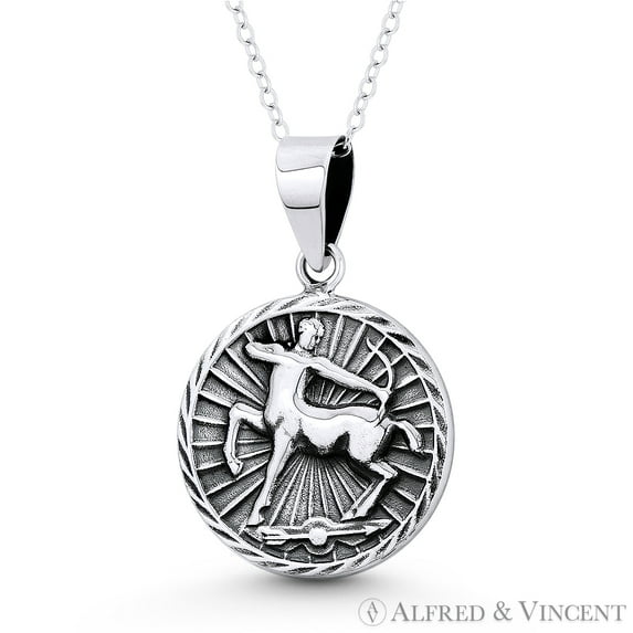Sagittarius Zodiac Sign Circle Astrology Charm 31x20mm (1.5x0.8in) Pendant & Chain Necklace in Oxidized .925 Sterling Silver