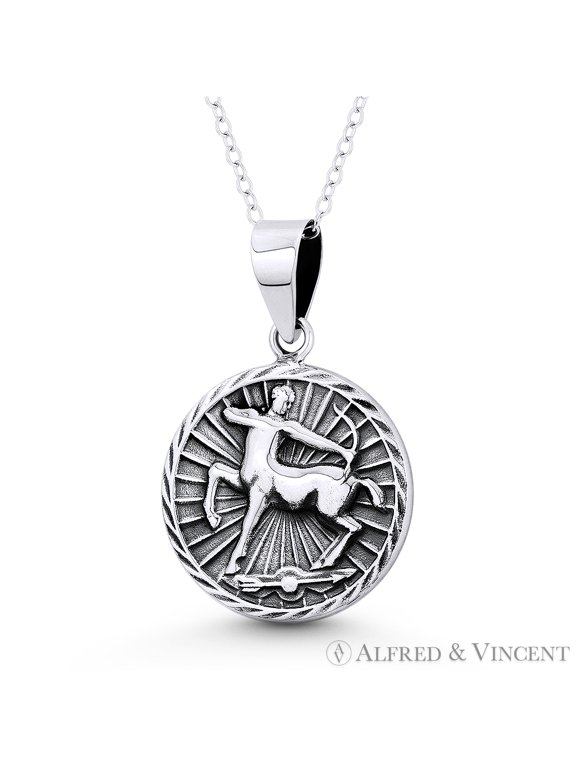 Sagittarius Zodiac Sign Circle Astrology Charm 31x20mm (1.5x0.8in) Pendant & Chain Necklace in Oxidized .925 Sterling Silver