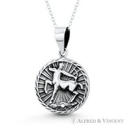 Sagittarius Zodiac Sign Circle Astrology Charm Pendant & Chain Necklace in Oxidized .925 Sterling Silver