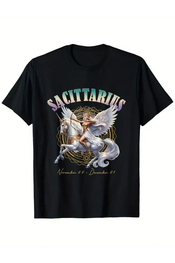 Sagittarius Zodiac T-Shirt for Men & Women - 100% Cotton 180gsm Heavyweight Relaxed Fit Short Sleeve Crew Neck Tee with Archer & Pegasus Constellation Graphic, November 22